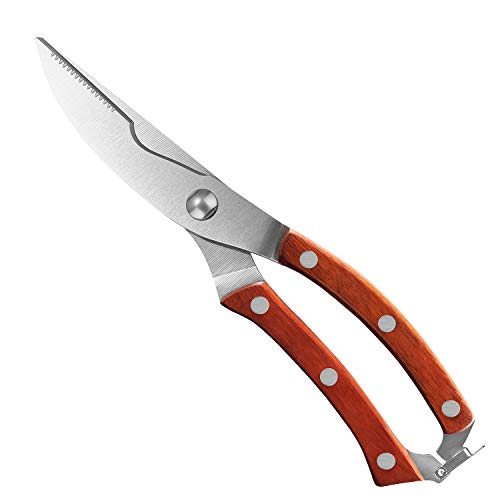 Heavy Duty Stainless Steel Kitchen Shears With Spring Loaded Wood Handle And Professional Blade Poultry scissors For Spatchcock Turkey Lobster And Bone By Proshear (Red)