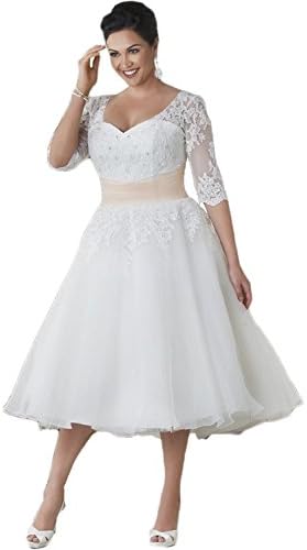 Lorderqueen Women's Half Sleeve Short Lace Wedding Dresses Plus Size For Bride Size14 White