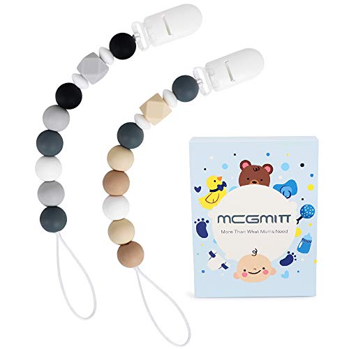 Baby Pacifier Clip, MCGMITT Silicone Teether Beads Binky Holder Teething Relief BPA Free for Girls Boys, 2 Pack Shower Gift Set (Grey+Beige)