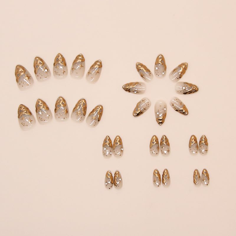 Gold Press on Nails Short Almond Fake Nails 3D Gold Irregularity Chrome Design Glue on Nails French Tip Acrylic False Nails Full Cover Star Stick on Nails for Women Manicure Art 24Pcs - Image 6