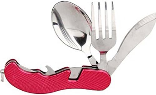 Utensils Set Stainless Steel with Nylon Pouch Folding Spoon Knife Fork 4 in1 Travel Camping Kit (Red)