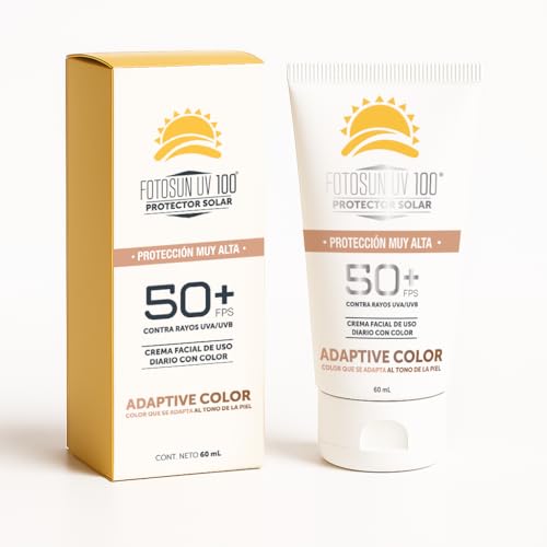 FOTOSUN UV 100 Adaptive Color FPS 50+ UVA/UVB, Protector solar facial con color, Hipoalergénico, resistente al agua, uso diario, se adapta al tono de piel.