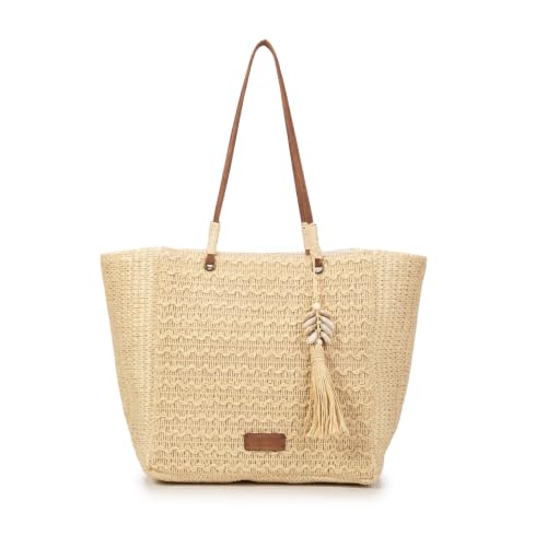 Women's Large Raffia Bag – Maxi Shopper Ivory with Long Shoulder Handles, Zip Closure and Boho Ornament, Beach and Summer Bag (Beige)