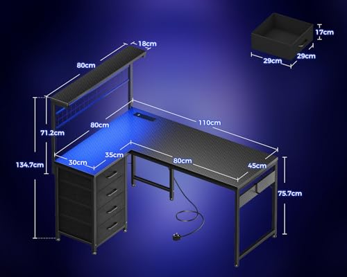Coleshome L Shaped Gaming Desk with Drawers & Shelf, 110 × 80 cm | Reversible Corner Computer Desk with LED Lights & Power Outlets, Gaming Table with Hook, Carbon Fiber Black