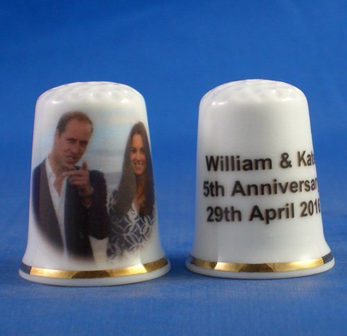 Porcelain China Collectable Thimble - Prince William & Catherine 5th Wedding Anniversary -- Free Gift Box