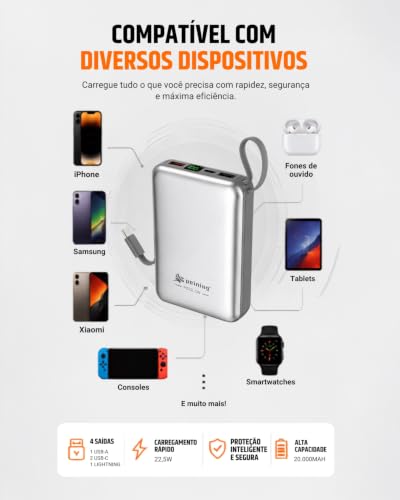 Power Bank 20000mAh PD 22.5W Carregador Portátil USB-C Display LED | Painel LED, Cabo Integrado, USB-C e Cabo Compatível com Iphone, Alça para Transporte, Carregamento Rápido,