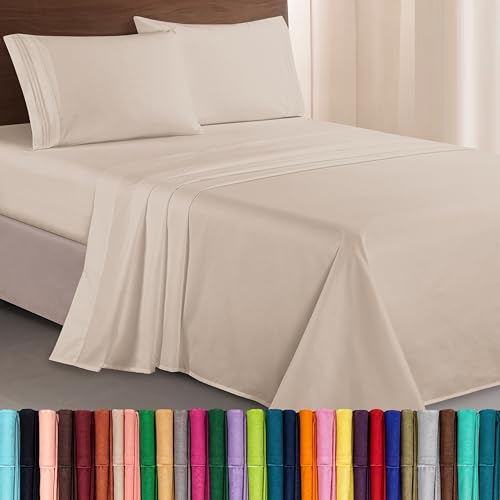 Elegant Comfort Luxurious 1500 Premium Hotel Quality Microfiber Three Line Embroidered Softest 4-Piece Bed Sheet Set, Wrinkle and Fade Resistant, Queen, Cream