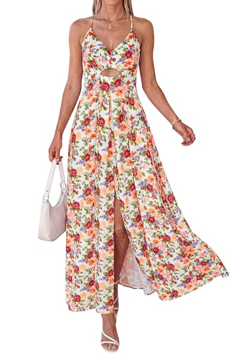 BTFBM Summer Dresses for Women 2026 Spring Floral Spaghetti Strap Smocked Cutout Maxi Dress Resort Beach Vacation Outfit(Floral White Multi, Medium) at Amazon