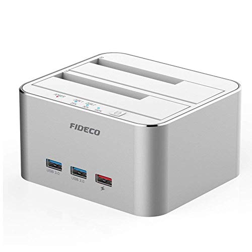 FIDECO Hard Drive Docking Station, USB 3.0 to SATA HDD Docking Station Dual-Bay External Hard Drive Dock with Offline Clone Function for 2.5"/3.5" SATA HDD SSD Drives, Support 2X 10TB, Silver