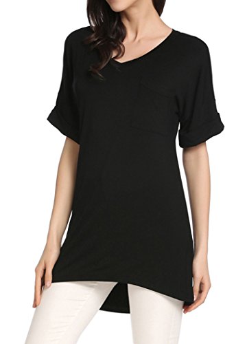 Locryz Women's Casual Basic V Neck T-Shirt Roll Over Short Sleeve Solid Comfy Tee Blouse Tops(L, Black)