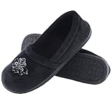 Women’s Velvet Memory Foam Closed Back Slippers Lightweight Anti-Slid Embroidery Ballerina house/office Shoes (L /9-10 B(M) US, Black)