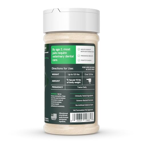 VETRISCIENCE HEALTHY MOUTH DOG DENTAL POWDER, PERIO SUPPORT CLINICALLY TESTED DENTAL POWDER FOR DOGS AND CATS, FRESHEN BREATH, CONTROL PLAQUE & TARTAR, ORAL HEALTH, 4.2 OZ