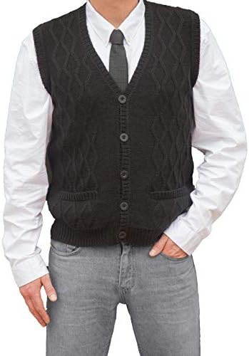 TINKUY PERU 100% Alpaca Mens V-Neck Cable Knit Sweater Black Button Up Vest