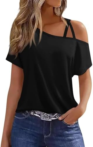 VKEGNIO Criss-Cross One Shoulder Tops Sexy Cold Shoulder Shirts
