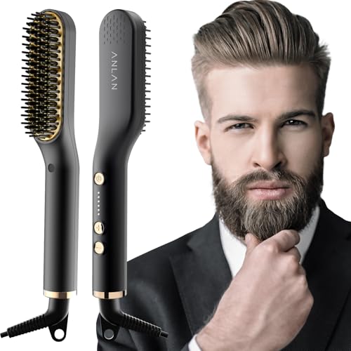 ANLAN 2 in 1 Beard Straightener - Professional Hair Straightening Brush with Adjustable Temperature from 120°C to 200°C for Men and Women - Fast Heating in 30 Seconds