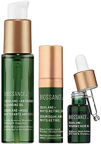 Biossance Squalane + Antioxidant Cleansing Oil, Phyto Retinol Serum, Vitamin C Rose Oil Travel Size, Set of 3