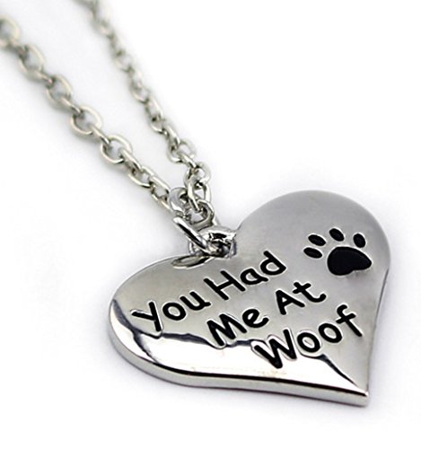 "You Had Me At Woof" Dog Heart Silver Tone Pendant Necklace
