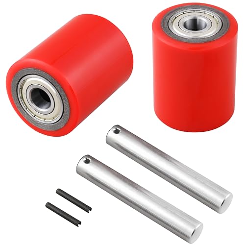 A Pair of Pallet Jack/Truck Wheels 74.5 x 93mm ( 3 x 3.75" ) with Pre-Installed Bearings, 20mm ID PU Tread - Includes Axles and Pins by JackCraft