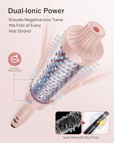 Thermal Brush for Blowout Look with Hair Volume Boost, Heated Curling Brush for Fast Styling, 2× Negative Ion Release to Smooth Frizz, Airflow Heat & Dual PTC Technology Hair Tool, Pink