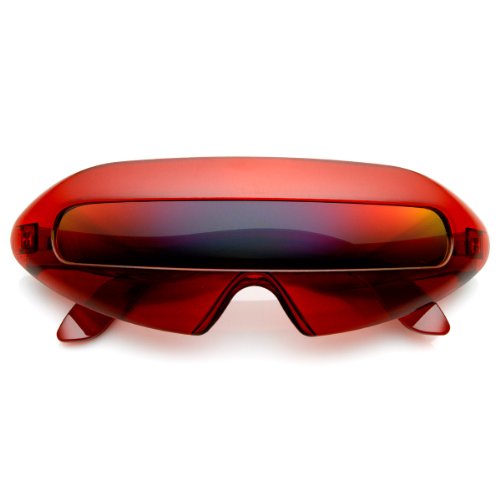 Futuristic Cyclops Neon Shield Color Mirror Lens Wrap Sunglasses (Clear-Red Fire)