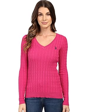 Womens Solid Cable Knit V-Neck Pullover