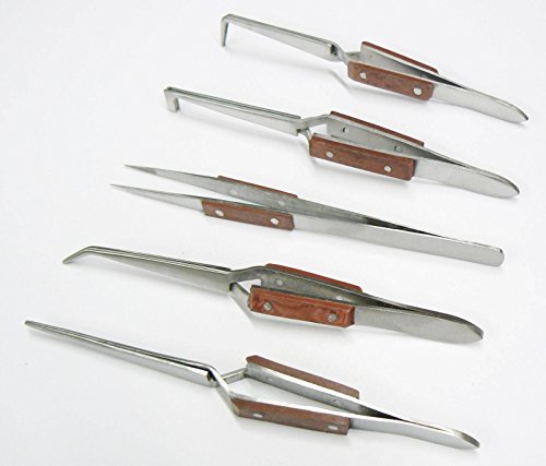 (TOOLS LAND) TWEEZERS JEWELRY SOLDERING FIBER GRIP CROSS LOCKING SET 5 Pc BENT & STRAIGHT TIP (E 5)