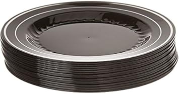 Platos de plástico duro y pesados elegantes, color negro con diseño de plata, 18