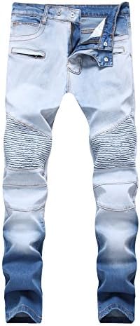 MEIKESEN Men's Blue Junior Biker Moto Vintage Skinny Cotton Jeans Slim Fit Stretch Denim Pants 32