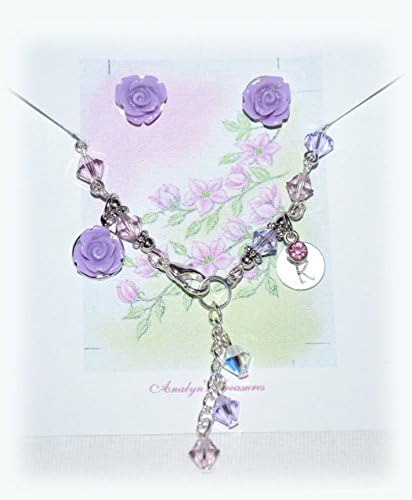 Flower Girl Bracelet in Light Amethyst Swarovski June Birthstone & Rose Earrings Set- Hand Stamp Initials - Wedding / Birthday Gift~ 6 1/2
