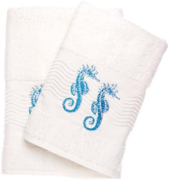 Luxury Sea Life Seahorse Embroidered Bath and Hand Towel 100% Turkish Cotton Bathroom Set &amp; Gift By Ebru (Ecru)