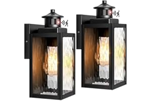 YOCHOICE Motion Sensor Outdoor Wall Lights 2 Packs, Dusk to Dawn Outdoor Lighting, Exterior Wall Sconce Light Fixtures with Water-Rippled Glass, Waterproof Black Outside Wall Lanterns for House, Patio, Garage