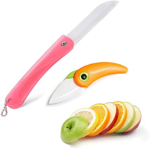 Ofcose Ceramic Knife Set 2-pcs ( 3.3 inch - Blade Folding Knife + 2.3 inch - Blade Pocket Knife ) Kitchen Utility Fruit-Vegetable Cutting Knives (Random Color)