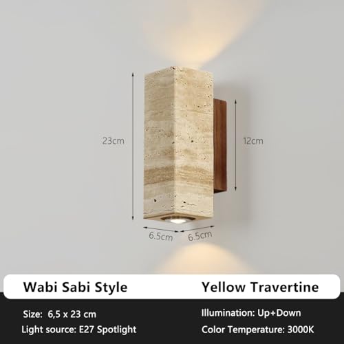 Lampara de Pared de Travertino Amarillo Natural, Estilo Japonés Wabi Sabi, Lamparas de Pared Interior de Diseño Minimalista, lampara de muro para Pasillo, Recámara o Baño, 3000K