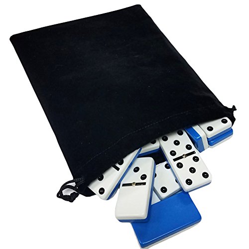 Domino Double Six 6 Two Tone Blue and White Tiles Jumbo Tournament Professional Size with Spinners in Black Elegant Velvet Bag