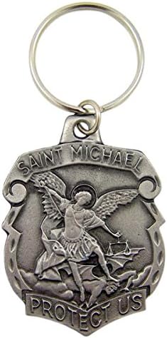 Pewter Catholic Patron Saint Michael Policeman Badge Key Chain Medal, 2 Inch