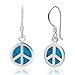 925 Sterling Silver Blue Turquoise Stone Peace Sign Round Dangle Hook Earrings