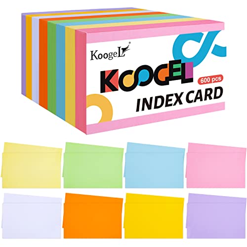 Koogel 600PCS Colored Index Cards, Blank Note Cards 3 x 5 Inch Assorted Neon Color Flash Cards for Studying Organizing School Office