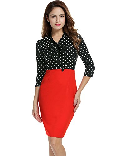 Sleeve V-Neck Dot Patchwork Package Hip Slim Party Pencil Dress เดรส แฟชั่นชุดทำงาน ANGVNS ผู้หญิง 3/4