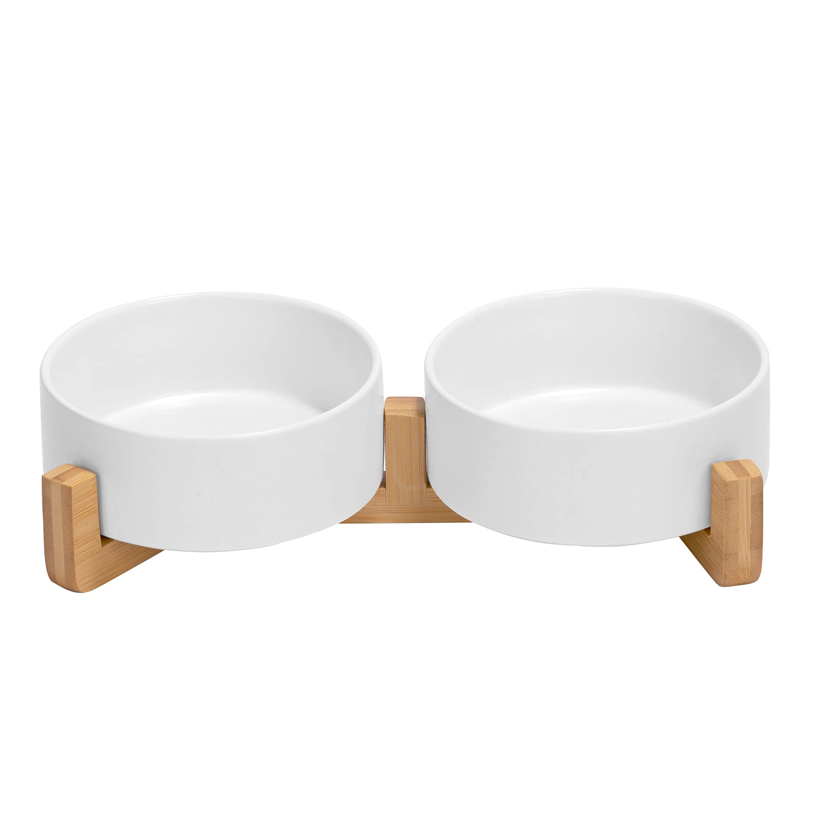 SPUNKYJUNKY Ceramic Double Dog Bowl with Bamboo Stand for Cats and Dogs (400ml, white x 2)