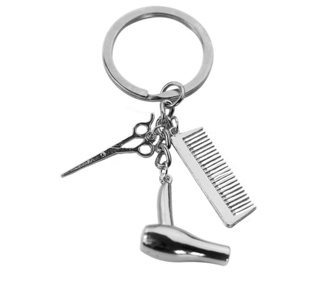 HADWAO 3 In 1 Classic Hairdresser Keychain Hair Salon Hairstylist Keychain Scissors Comb Hair Dryer Keyring for Women Men Metal Silver Color