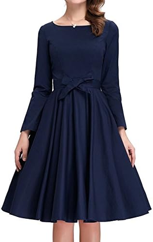 JS Fashion Vintage Dress Women's 1950s Vintage Dresses Pinup Long Sleeve Boat Neck Cocktail Dress