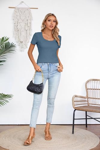 VICHYIE WOMENS SUMMER SHORT SLEEVE TOPS SQUARE NECK LOOSE TUNICS HENLEY CASUAL SHIRT SEXY BASIC BLOUSE TOP TSHIRT BLUE L