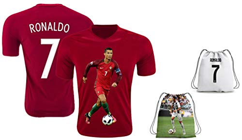 Ronaldo Jersey Style T-shirt Kids Cristiano Ronaldo Jersey Portugal T-shirt Gift Set Youth Sizes ✓ Premium Quality ✓ ✓ Soccer Backpack Gift Packaging (YM 8-10 Years Old, Ronaldo)