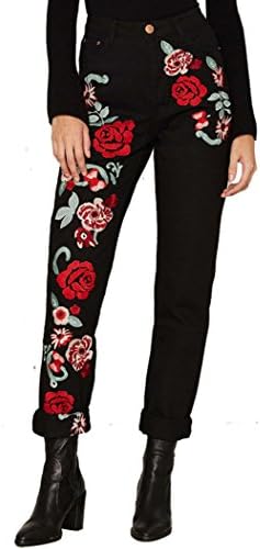 Women's Black High Waisted Straight Fit Moto Floral Embroidered Mom Jeans Outfits 36