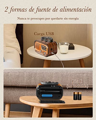 PRUNUS J-150 Vintage Retro FM/Am/SW Radio, Rechargeable Small Portable Radio 1200mAh, or Works with 2 D Batteries, Transistors Radios with Bluetooth, USB/TF Player of 5W.