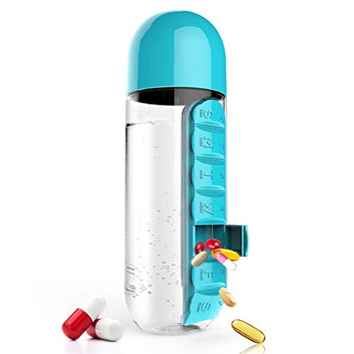 Multifunction Portable 7 Daily Pill Box Water Bottle Cup Case Capsule Organizer blue 600ml Sport Fitness Gym Drinking Water Bottle (Blue) - Thumbnail 5