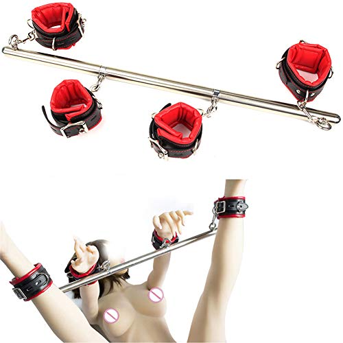 Metal Bondage Restraints Set Kit for Bed and Under Bed Sex Play SM Bondage Toy Gear Wrist and Ankle Cuffs Collar Handcuff Rope Strap On Harness for Women Couples Lesbian Female