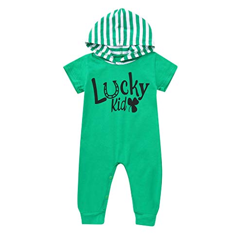 Tronet Infant Baby Short Sleeve St. Patrick's Day Onesies Hooded Striped Jumpsuit Romper Green - Thumbnail 2