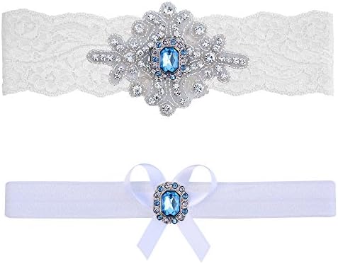Garters for Bride Blue Topaz Garter Set (XL (22" - 23"), White Lace)