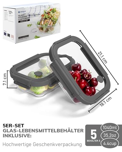 BOROHOUSE 5 Pack Borosilicate Glass Containers with Tempered Lid, 1040 ml/4.4 Cups, Airtight Meal Prep Set, Microwave/Freezer Safe/Ovenproof -20℃~510℃, Grey